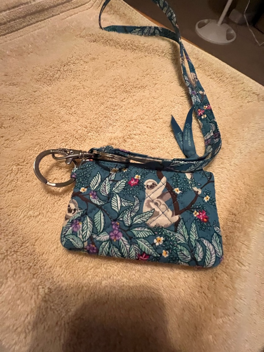 **REDUCED** Vera Bradley Teal Sloth & Floral Quilted Lanyard and Zip ID Case - Picture 2 of 2